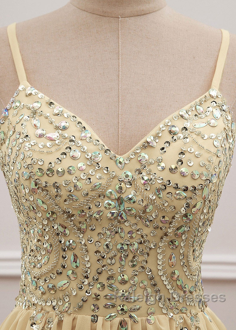 Sequined Spaghetti Straps Chiffon Long Prom Dress