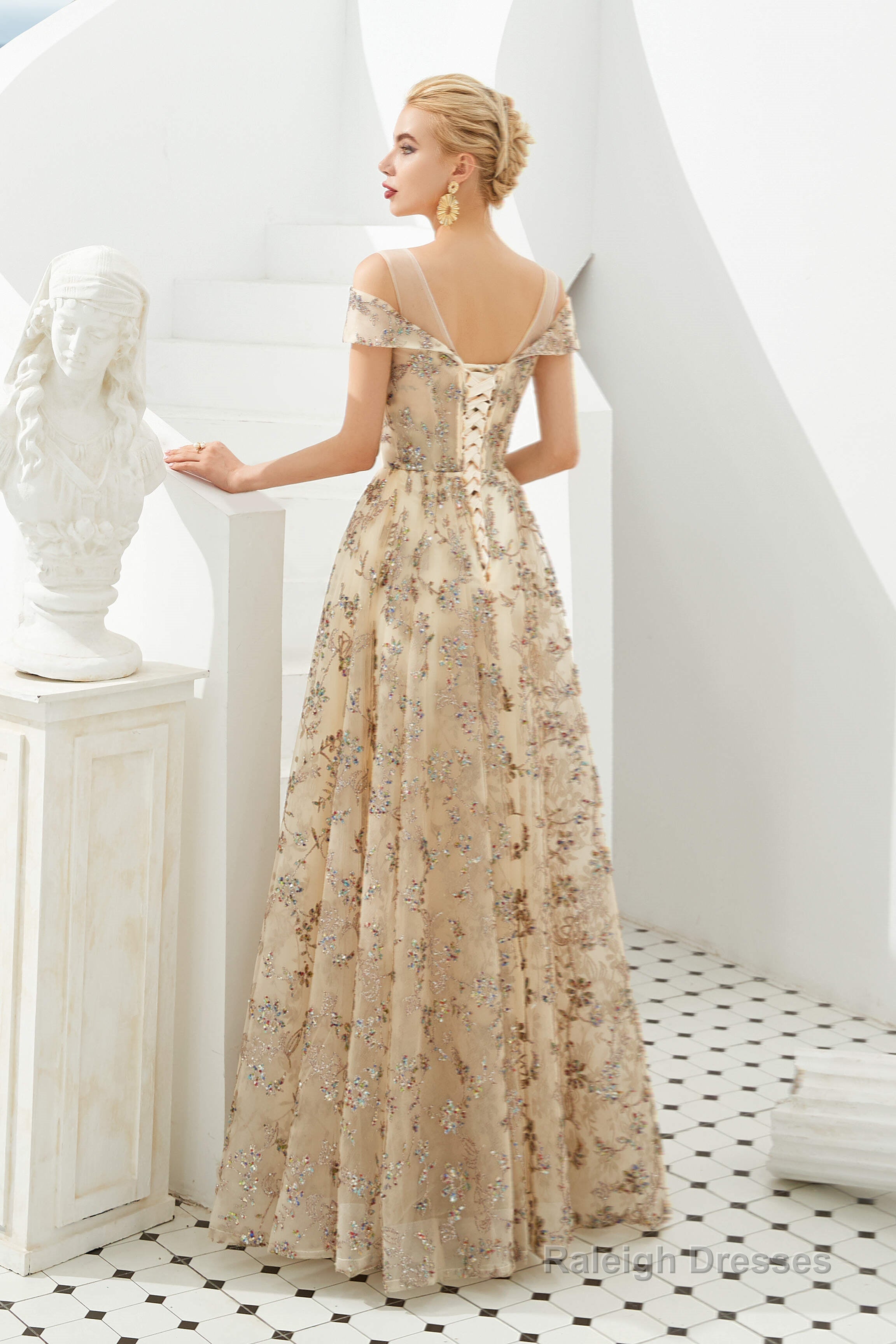 Sequined V Neck A Line Off Shoulder Strap Long Floor Length Prom Dresses