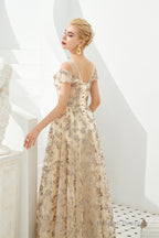 Sequined V Neck A Line Off Shoulder Strap Long Floor Length Prom Dresses