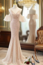 Sequins And Tulle Mermaid Long Party Dress Prom Dress, Off Shoulder Formal Dresses