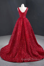 Sequins Asymmetrical Red Evening Dresses Sleeveless Deep-V Prom Formal Dress