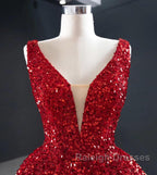 Sequins Asymmetrical Red Evening Dresses Sleeveless Deep-V Prom Formal Dress