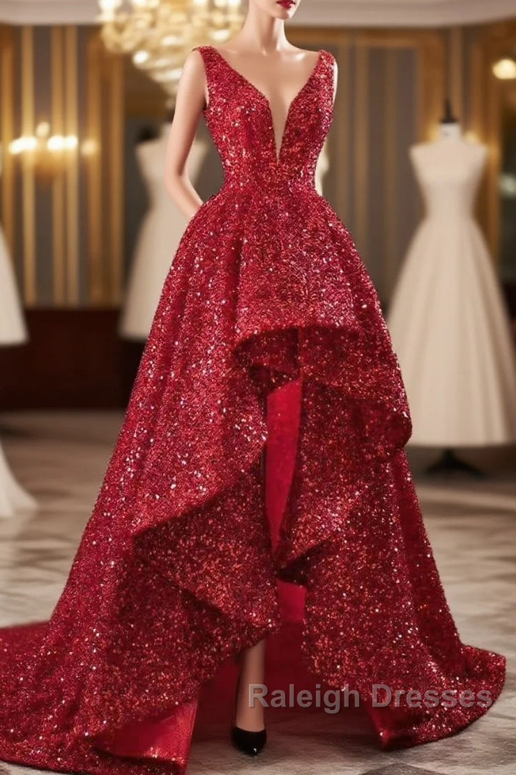 Sequins Asymmetrical Red Evening Dresses Sleeveless Deep-V Prom Formal Dress