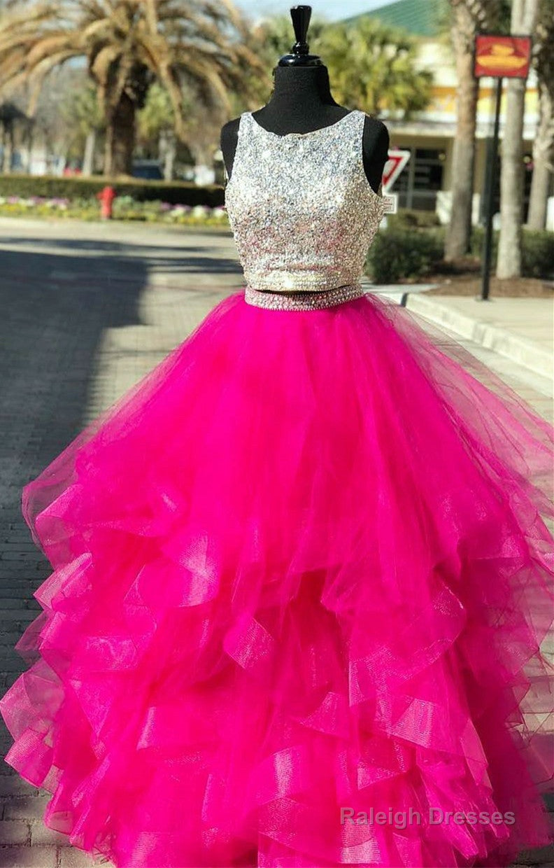 Sequins Beaded Keyhole Back Ruffles Prom Two Piece Dresses