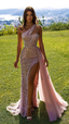 Pink Glitter Sequin Mermaid Long One Shoulder Applique High Slit Formal Prom Dress Tulle Trailing Evening Gown Party Dress