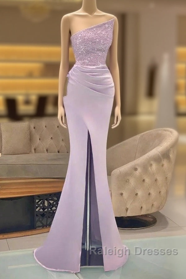 Sequins Prom Dress Light Purple Mermaid Prom Dresses Long Slit Strapless