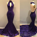 Sequins Halter Grape Prom Prom Gown| Backless Long Prom Gown