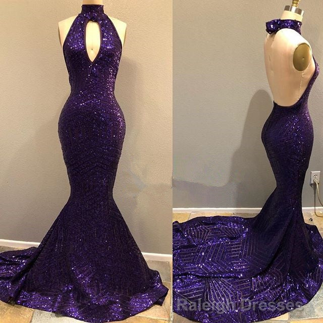 Sequins Halter Grape Prom Prom Gown| Backless Long Prom Gown