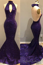 Sequins Halter Grape Prom Prom Gown| Backless Long Prom Gown