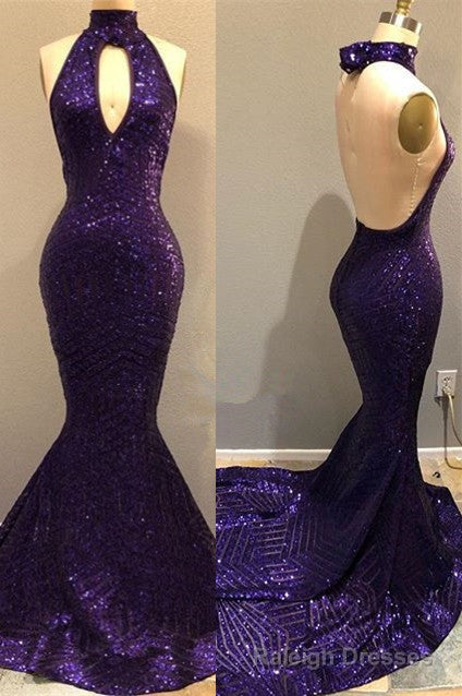 Sequins Halter Grape Prom Prom Gown| Backless Long Prom Gown