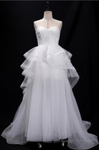 Sequins Lace Strapless Ruffled BallGowns Wedding Dresses With Train