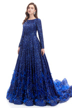 Sequins Long Sleeve Feather A-line Floor Length Prom Dresses