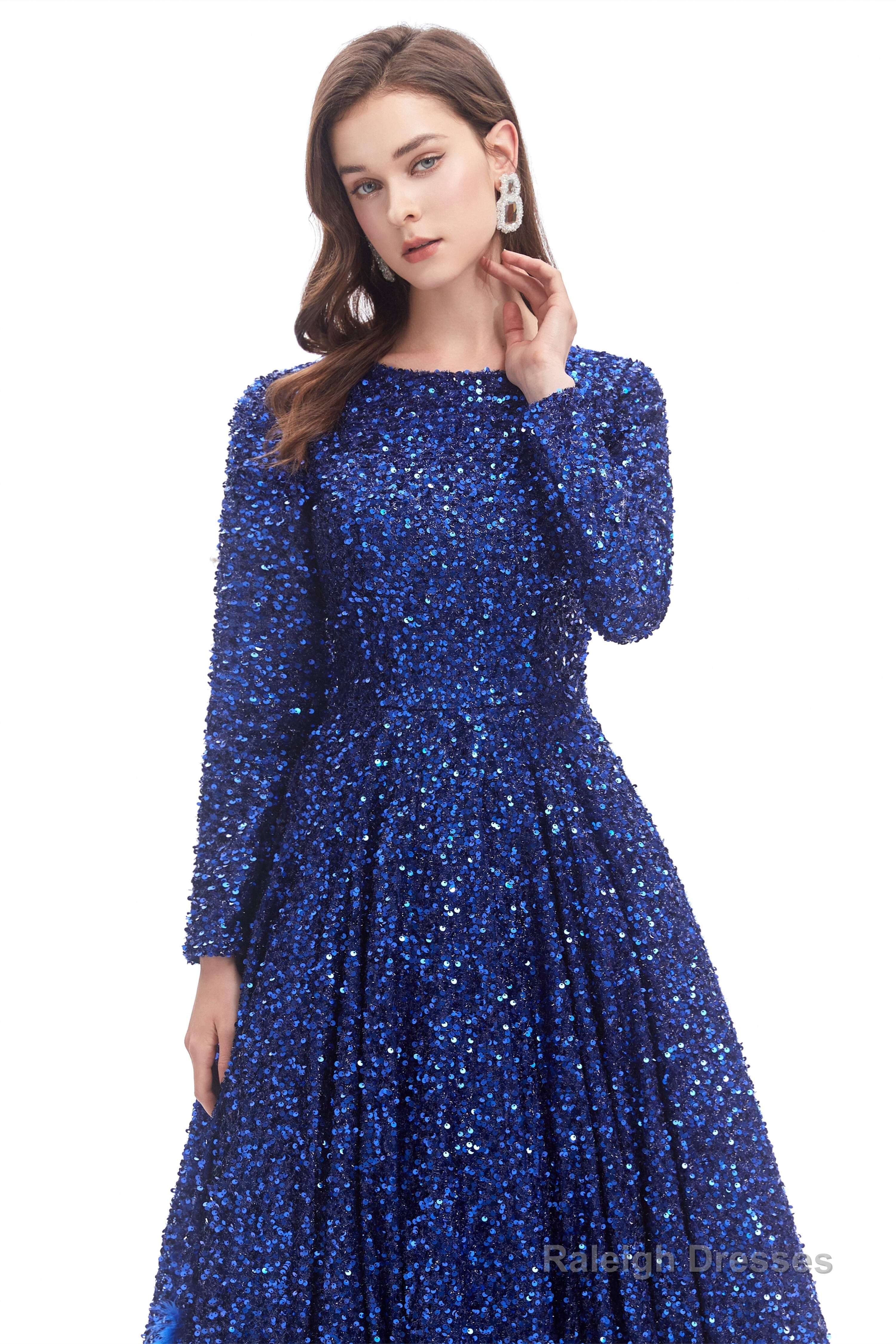 Sequins Long Sleeve Feather A-line Floor Length Prom Dresses