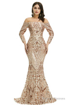 Sequins Mermaid Long Sleeves Off the Shoulder Evening Dresses