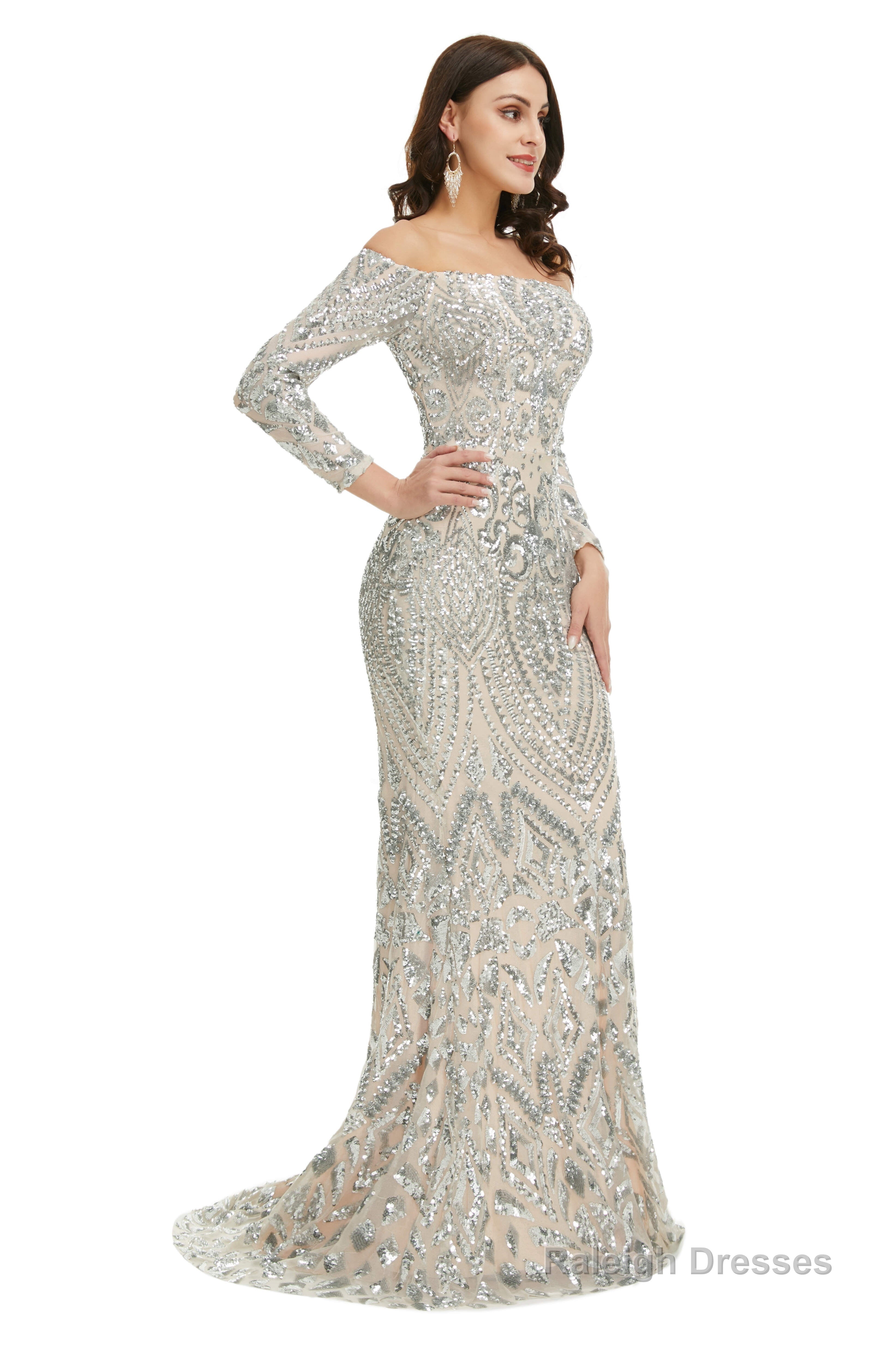 Sequins Mermaid Long Sleeves Off the Shoulder Evening Dresses