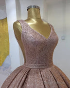 Sequins Prom Dress Ball Gowns High V Neck