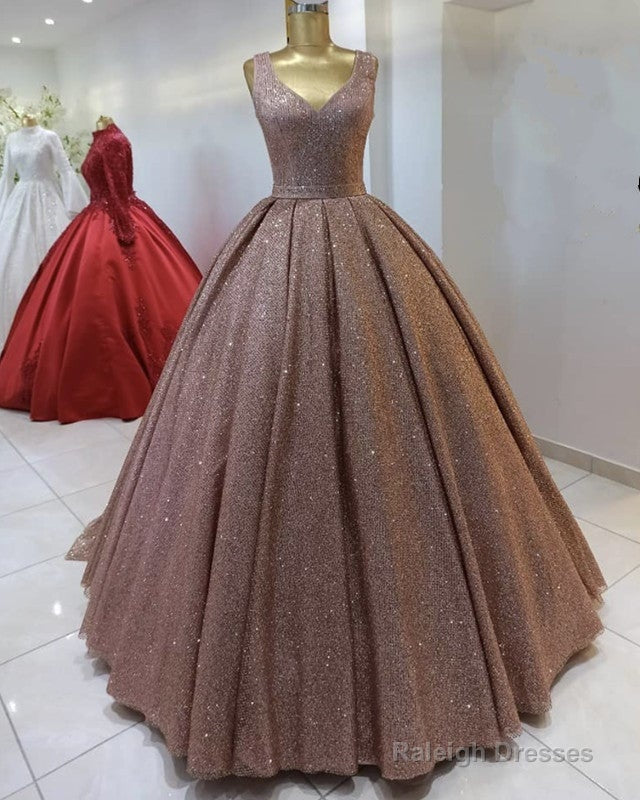 Sequins Prom Dresses Ball Gown High V Neck