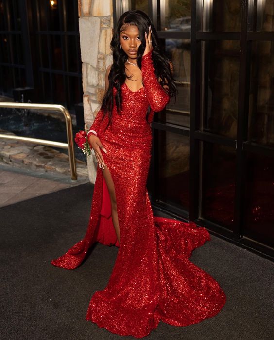 Sequins Prom Dress Red Prom Dress Mermaid Prom Dress Main image