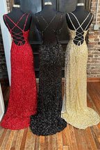 Sequins Queen Anne Lace-Up Prom Dresses Long With Slit