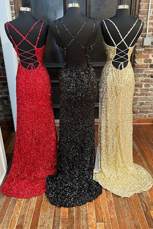 Sequins Queen Anne Lace-Up Prom Dresses Long With Slit