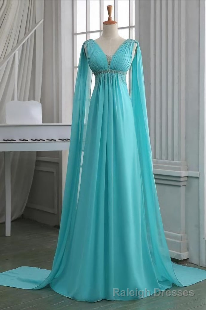 Sequins Ruched V Neck Empire Prom Dress, Turquoise Floor Length Sweep Train Prom Dress, Unique Lace-up Long Chiffon Prom Dress Main image