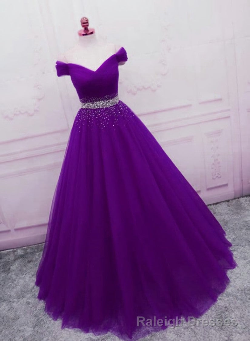 Sequins Sweetheart Long Party Dress, Purple Tulle Evening Gown Main image