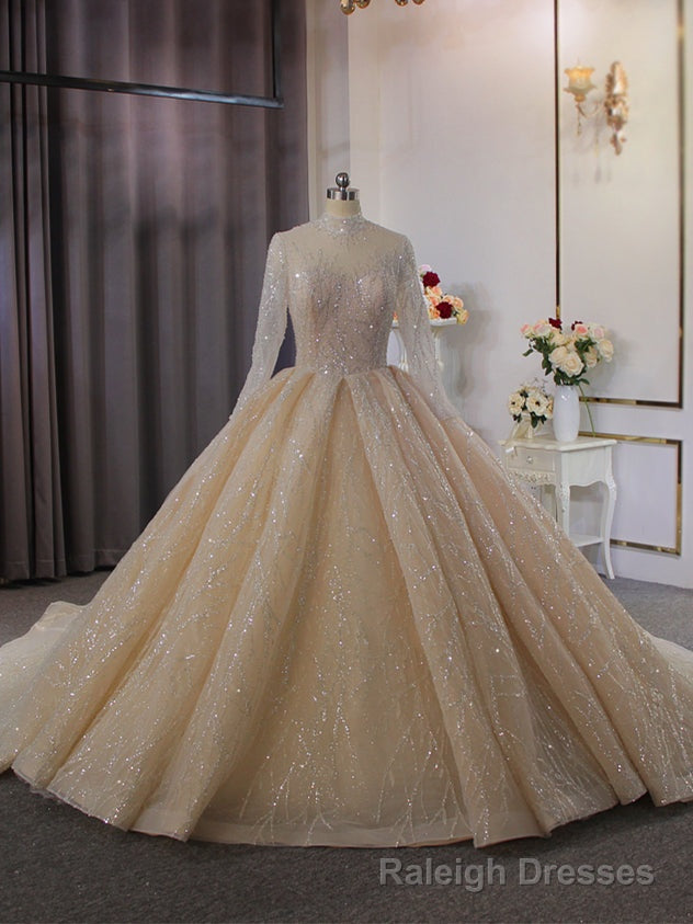 Sequins Tulle High Neck Long Sleeve Beading Wedding Dress Main image