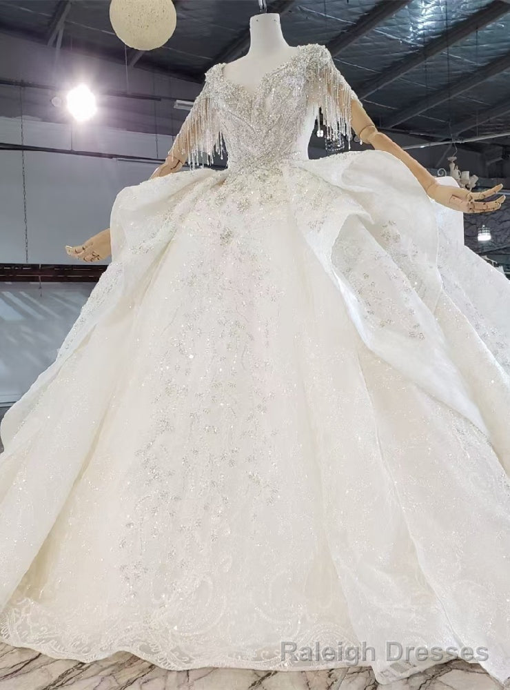 Sequins Tulle V-neck Short Sleeve Beading Wedding Dress Main image