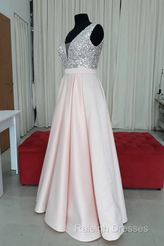 Sequins V-Neck Floor Length Satin Prom Dresses