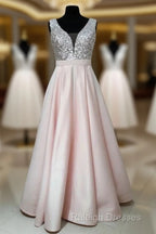Sequins V-Neck Floor Length Satin Prom Dresses