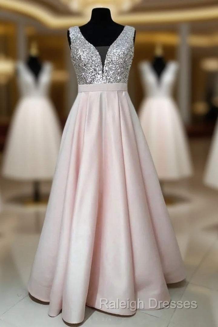 Sequins V-Neck Floor Length Satin Prom Dresses