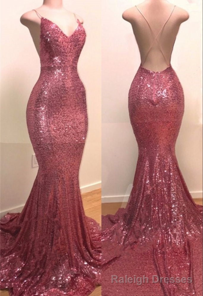 Sequins V Neck Sleeveless Spaghetti Backless Prom Dresses