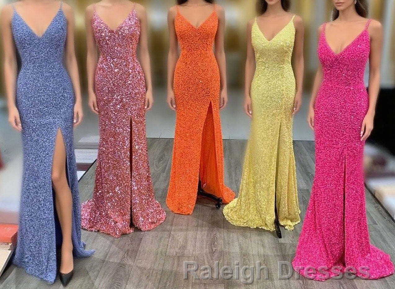 Mermaid Yellow Sequins Prom Dresses Long with Slit Main image