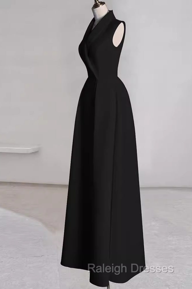 A-Line Black Satin Prom Dress Long Prom Dress