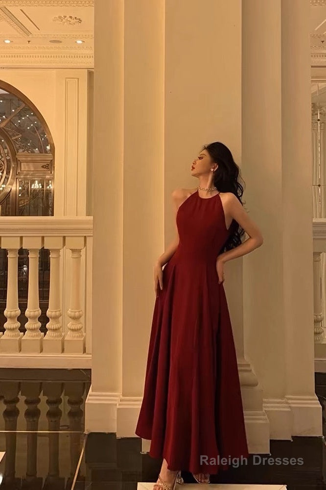 Sexy A Line Boat Neckline Sleeveless Burgundy Ankle Length Prom Dresses Birthday Outfits