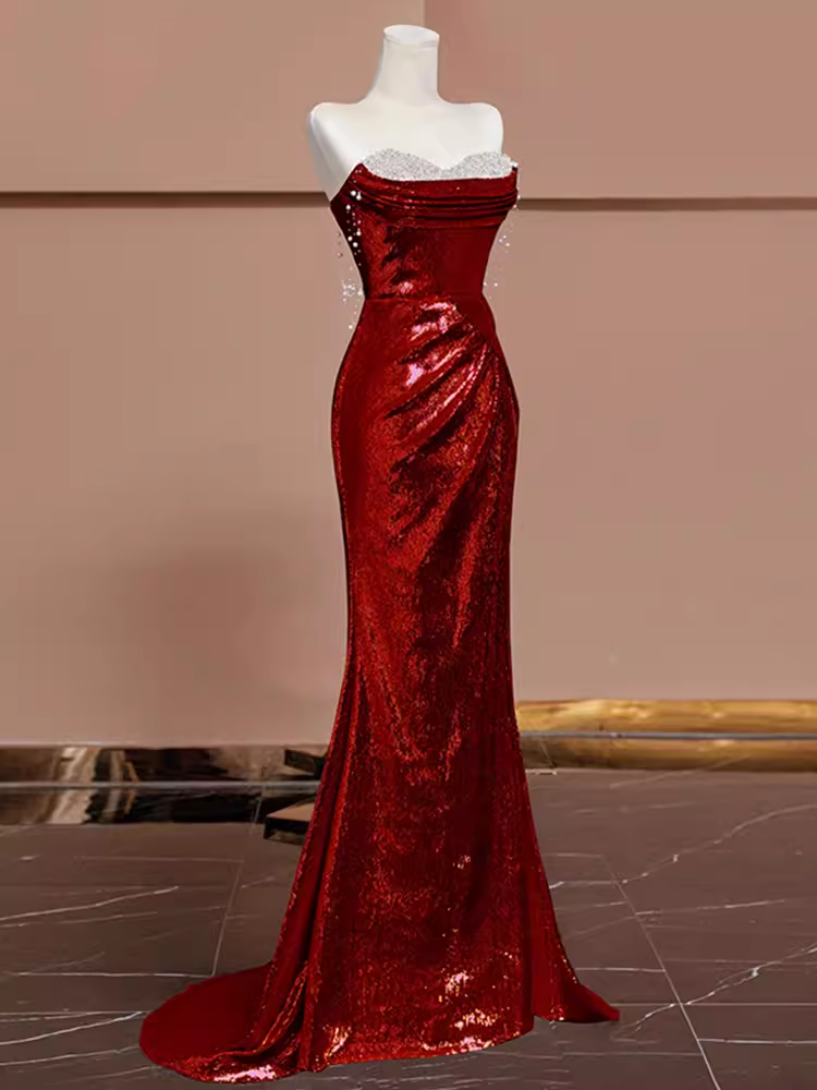 Mermaid Burgundy Sequin Long Prom Dresses