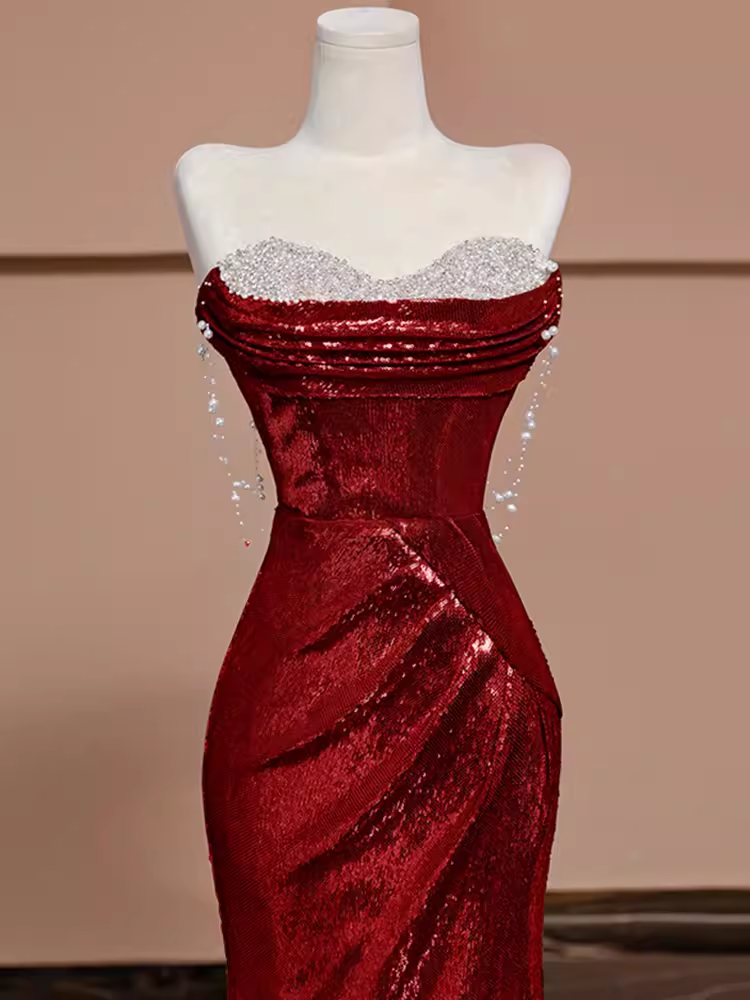 Mermaid Burgundy Sequin Long Prom Dresses