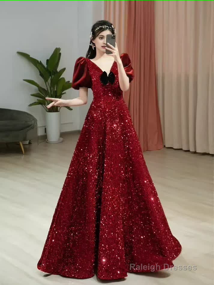 Sexy A line Burgundy Sequin Prom Dresses Evening Dress Main image