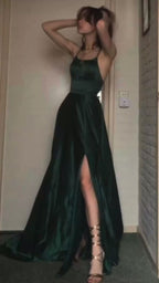 A-Line Halter Dark Green Satin Long Prom Gown Prom Dress