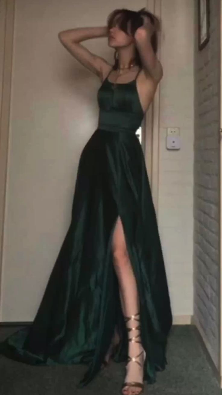 A-Line Halter Dark Green Satin Long Prom Gown Prom Dress