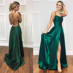 A-Line Halter Dark Green Satin Long Prom Gown Prom Dress