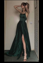 A-Line Halter Dark Green Satin Long Prom Gown Prom Dress
