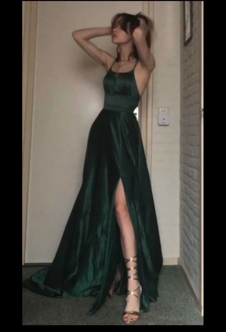 A-Line Halter Dark Green Satin Long Prom Gown Prom Dress