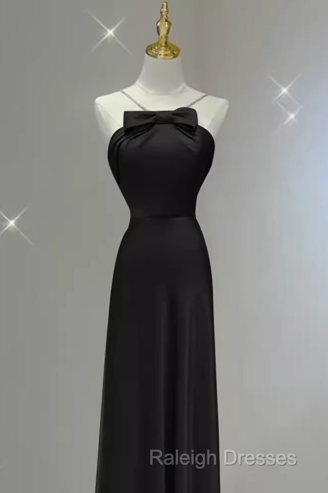 A-Line Halter Long Black Satin Prom Dresses