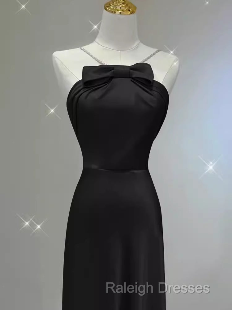 A-Line Halter Long Black Satin Prom Dresses