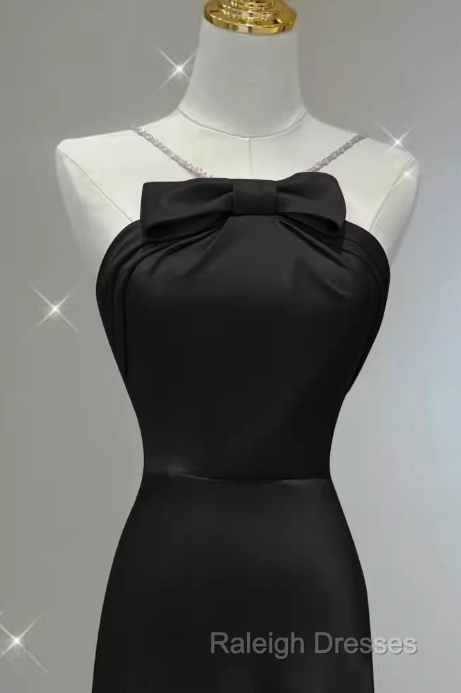 A-Line Halter Long Black Satin Prom Dresses