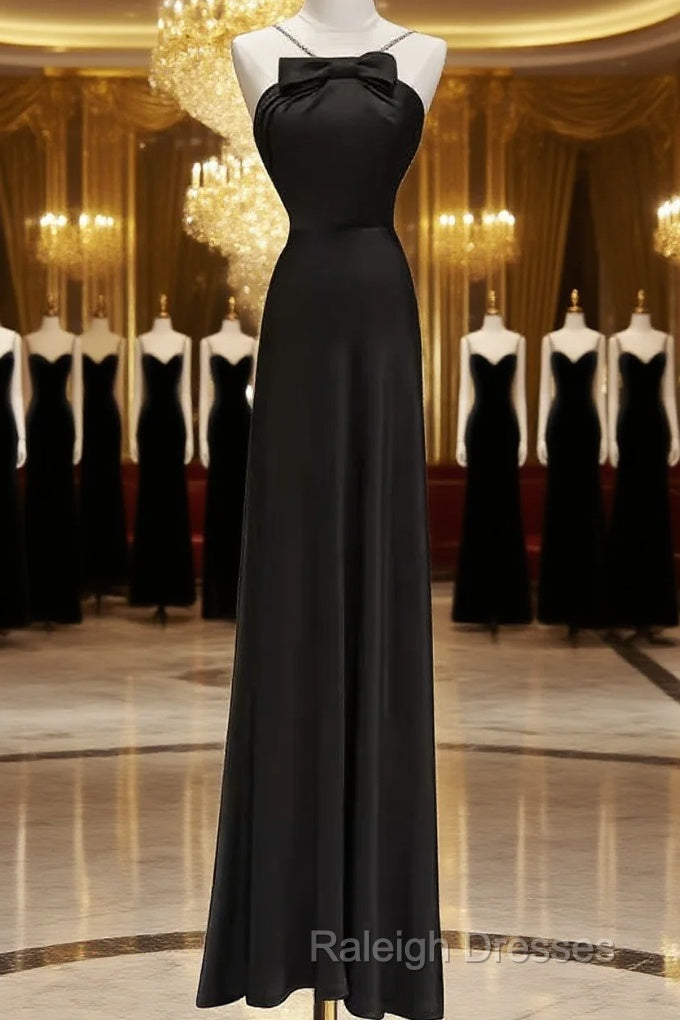 Sexy A Line Halter Long Black Satin Prom Dress Main image
