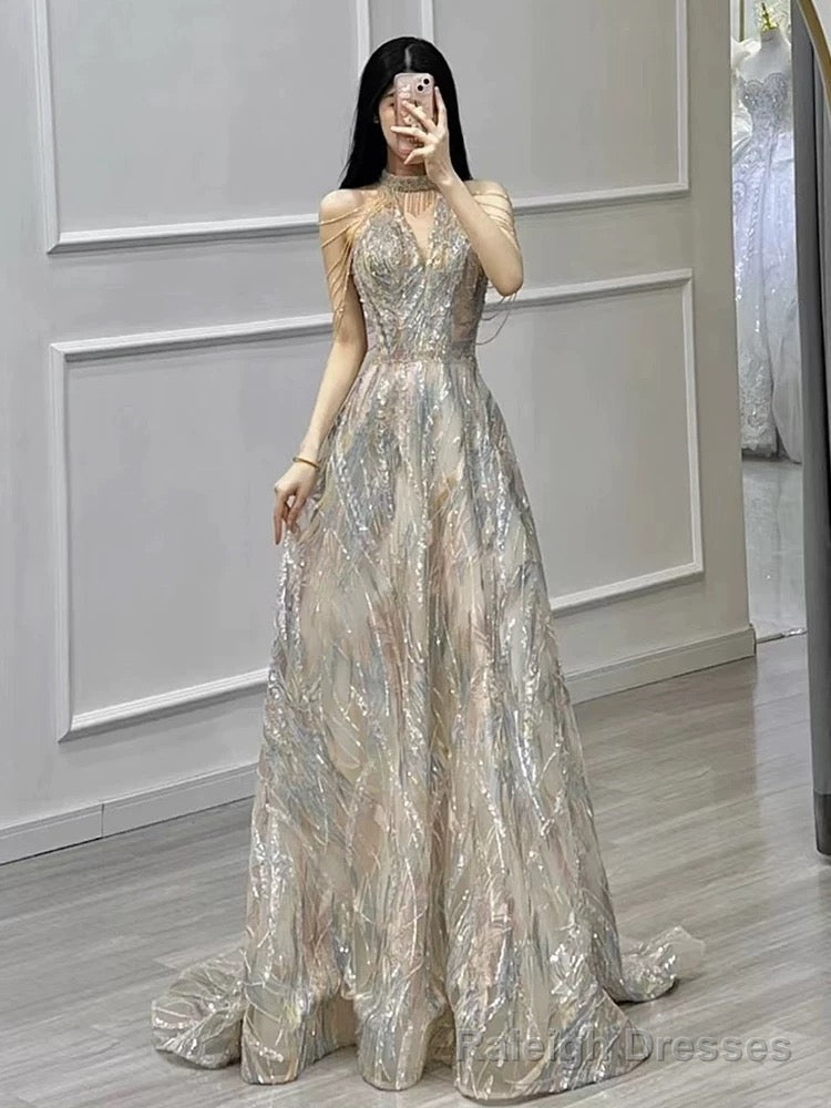 Sexy A Line High Neckline Sequin Long Evening Dress Prom Dresses Main image