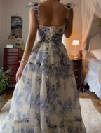 A-Line Long Blue Floral Prom Dresses Blue And White Prom Dress