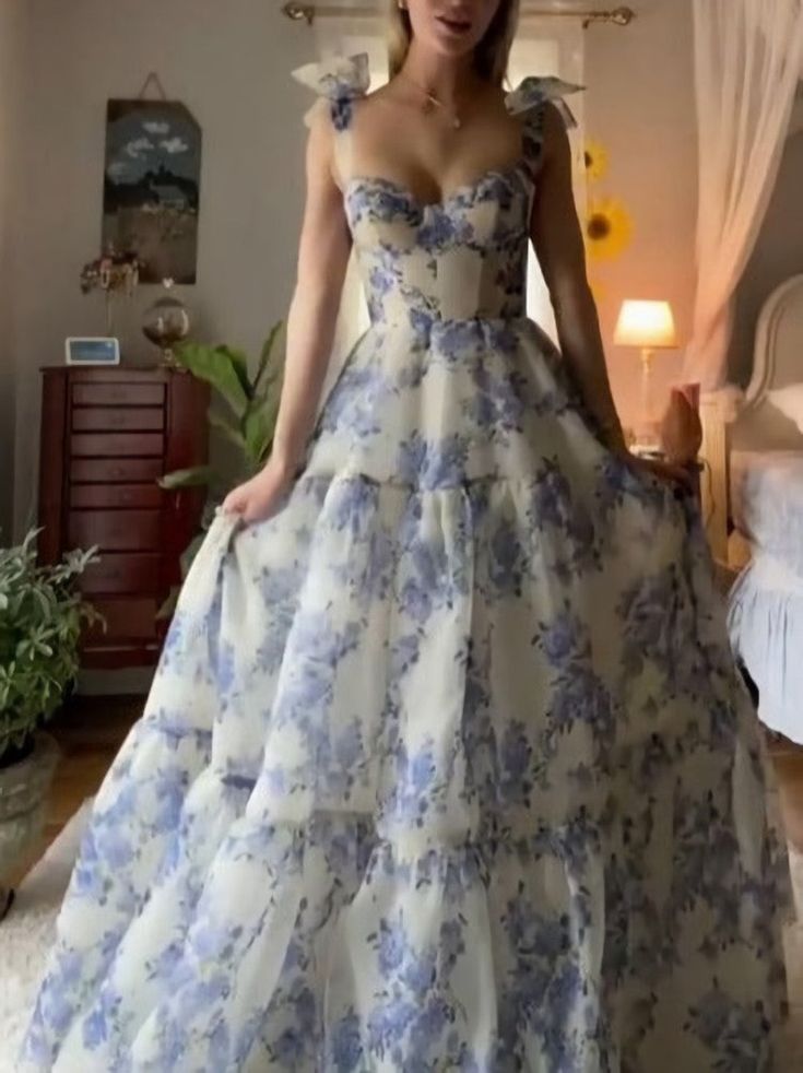 A-Line Long Blue Floral Prom Dresses Blue And White Prom Dress